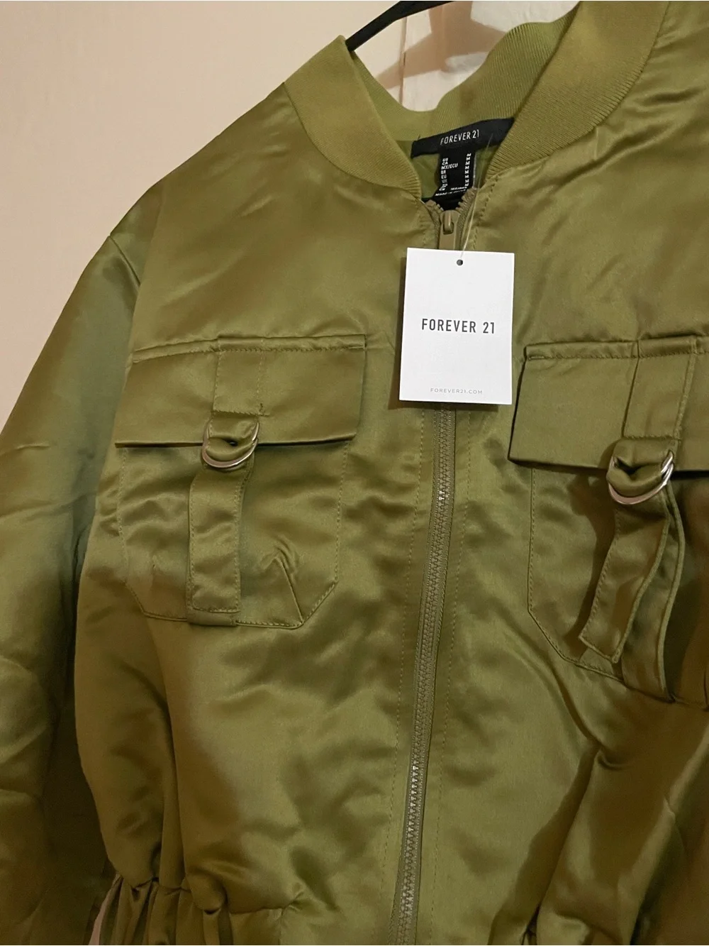 Forever 21 Olive Satin Cropped Bomber Jacket - Picture 6 of 7